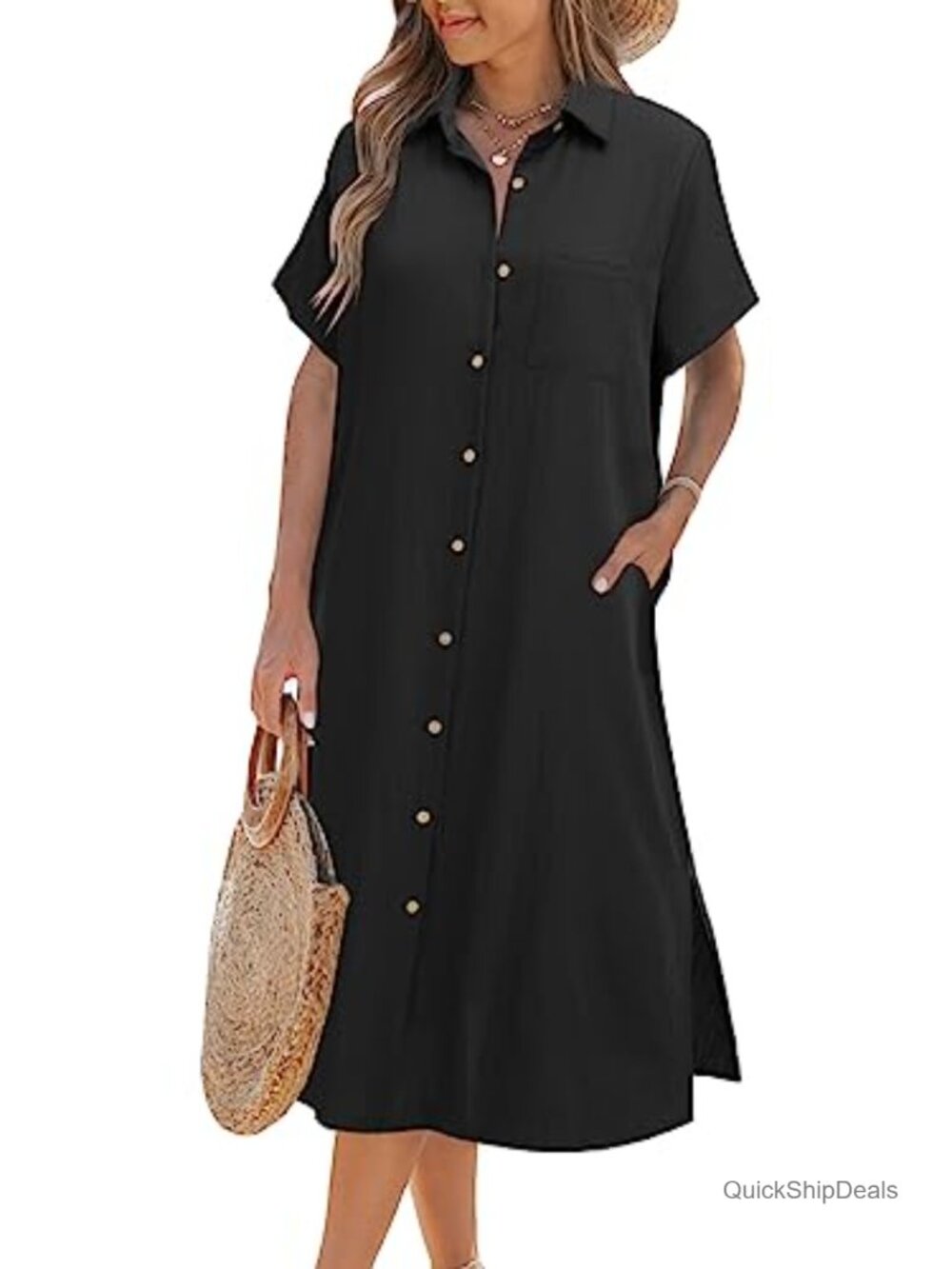 Women's Casual Short Sleeve Button Down Shirt Dress with Pockets Beach Cover Up